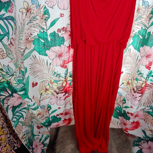 NICE COLLECTION red blouson maxi dress jersey stretch comfy summer resort vacati - Picture 8 of 8